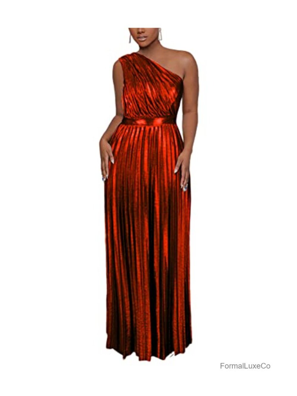 Women's Luxe Metallic Pleated One-Shoulder Long Formal Gown Maxi Dress